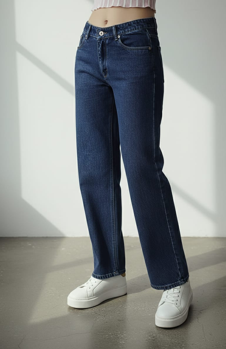 Person wearing blue jeans and white sneakers on a light background